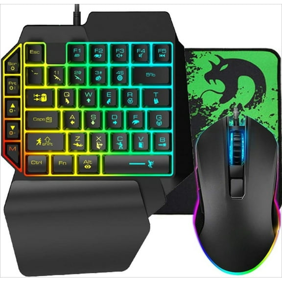 One Handed Gaming Keyboard and Mouse Combo, Rainbow Backlit 39 Keys Portable Small Mechanical Feel Keyboard with Wrist Rest Support