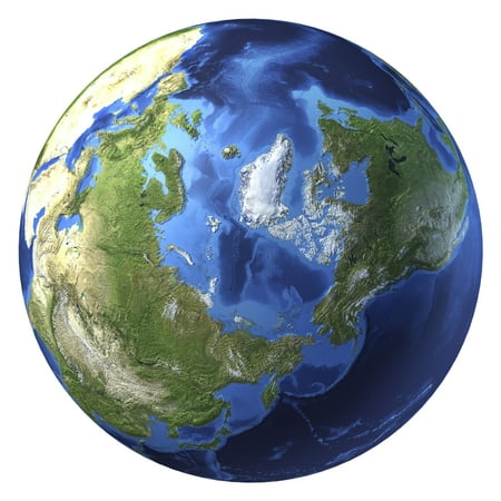 3D rendering of planet Earth with clouds centered on the North Pole with North America and Asia partially visible Poster