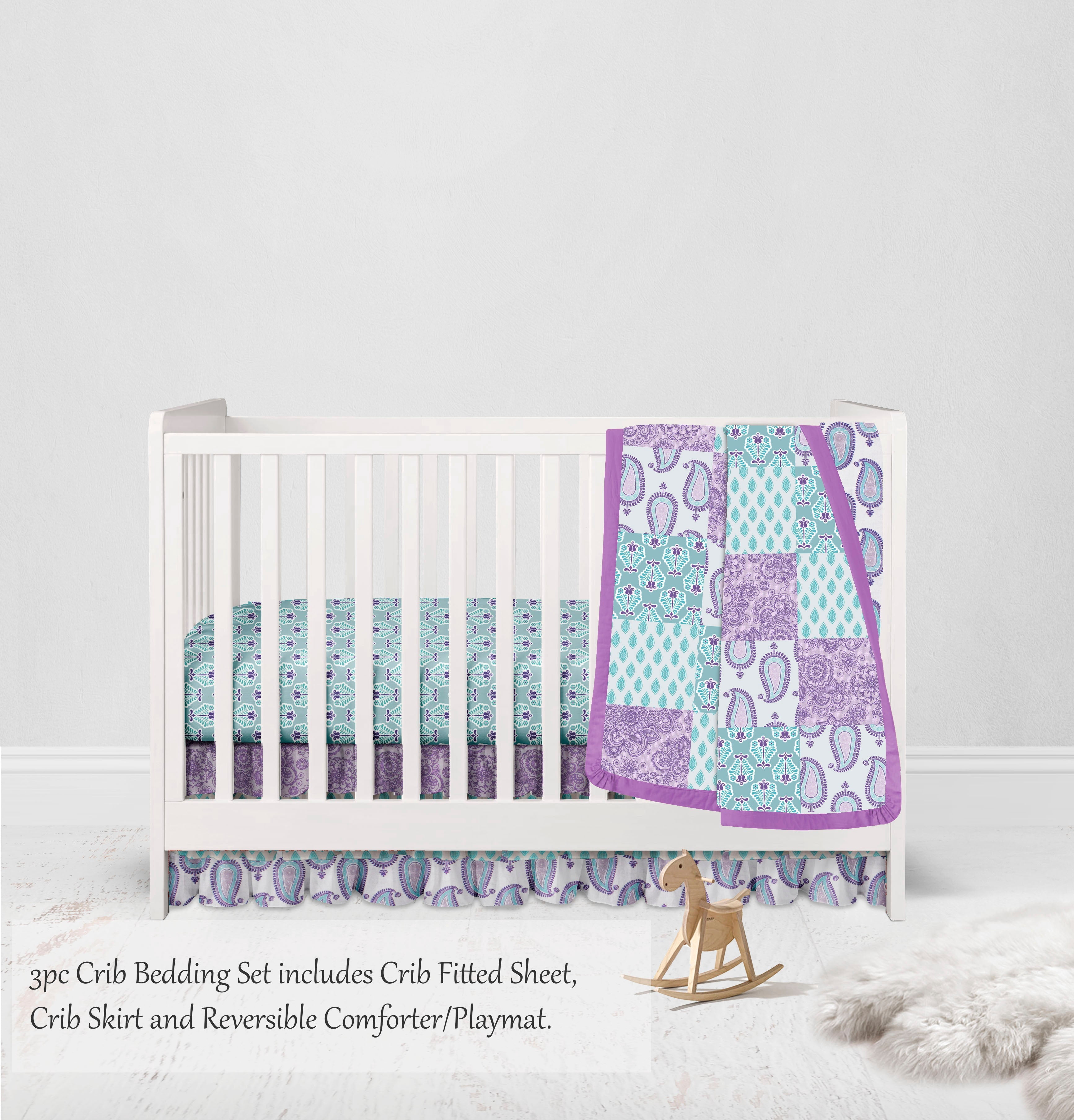 Bacati - Paisley Isabella 3-Piece Crib Bedding Set - Lilac/Purple/Aqua Girls