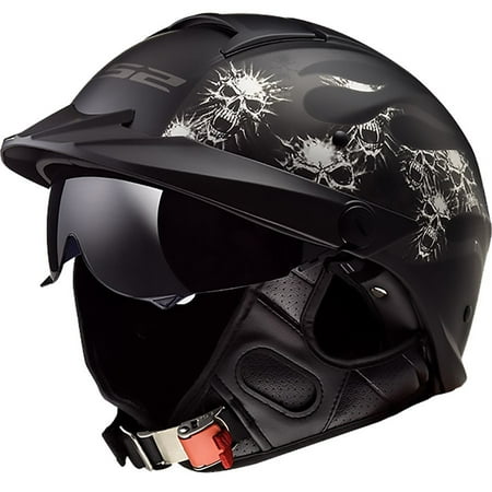 LS2 Helmets Rebellion Bones Graphic Half Motorcycle Helmet with Sunshield (Matt Black, X-Small)