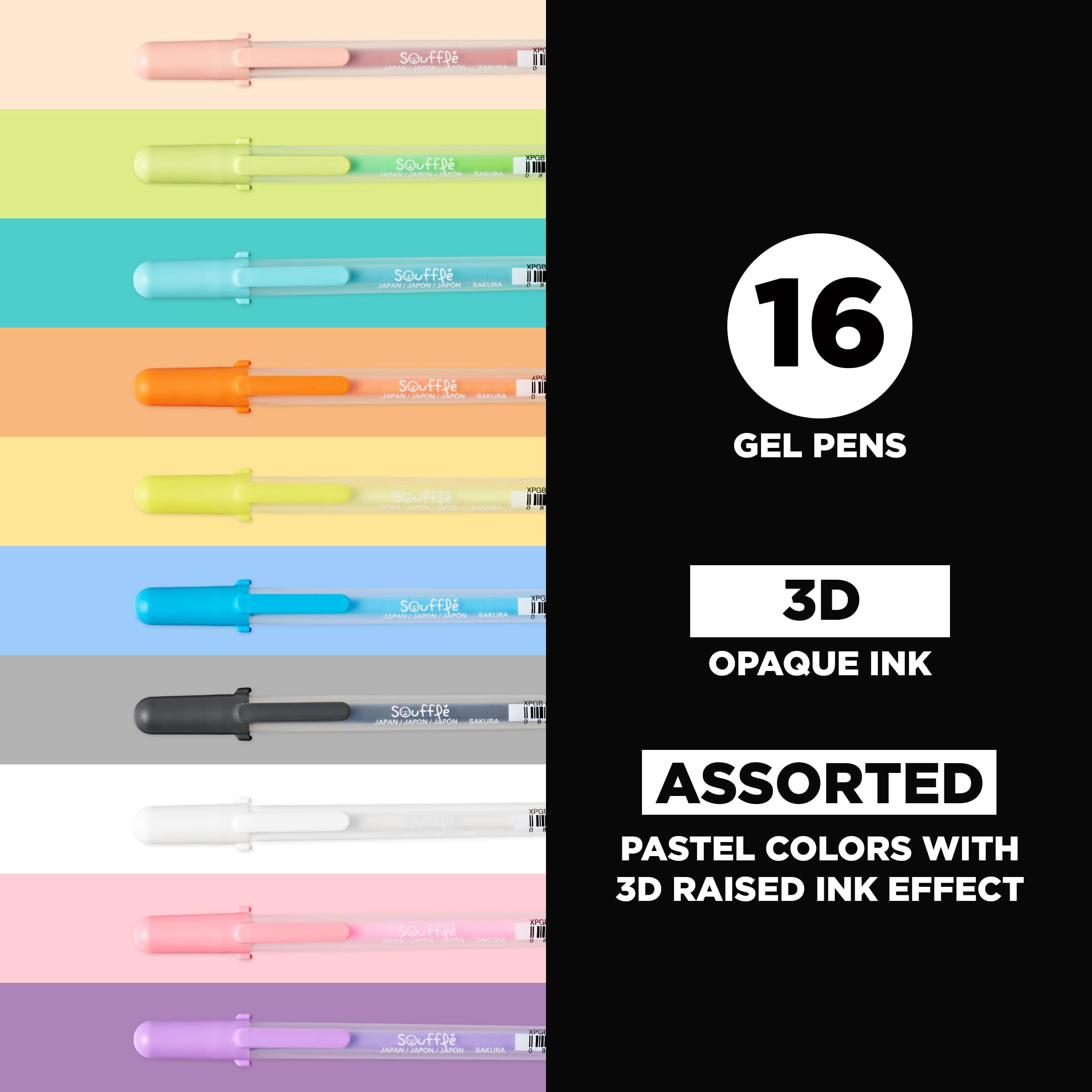 Sakura 3D Soufflé Pen - 3-D Pen for Lettering, Drawing, Line Borders, Ornaments, & More - Opaque White and Pastel Ink Colors - 16 Pack