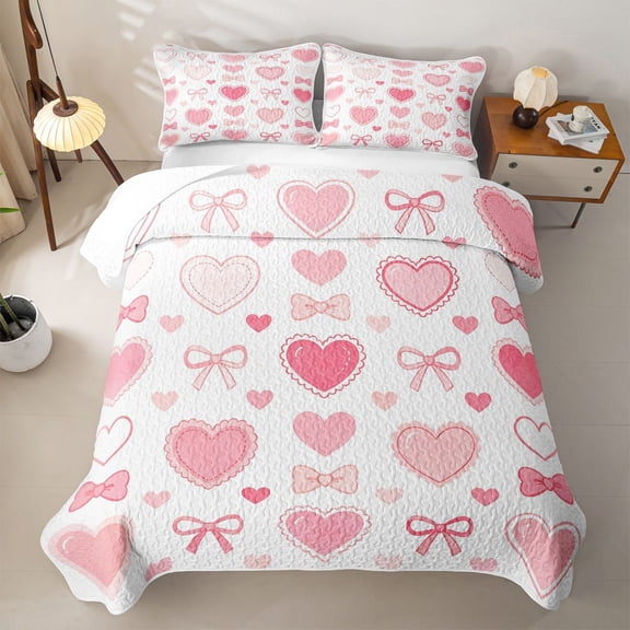 spefrowx Cute Cartoon Bow Twin Quilt Set for Girls Boys, Pink Love Heart Print Twin Coverlet Set, 2pcs