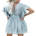 thumbnail image 4 of Women‘s Button Down V Neck Ruffle Mini Dress Casual Drawstring Waist Beach Short Dress with Pocket, 4 of 6