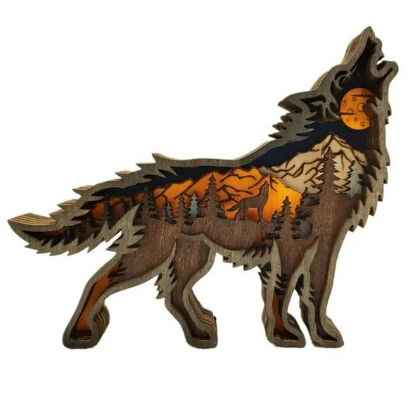 Tótem de lobo hueco de madera  Animal de Navidad  creatividad  escritorio  artesanía tallada para el hogar  Decoración LED para sala de estar  accesorios de decoración
