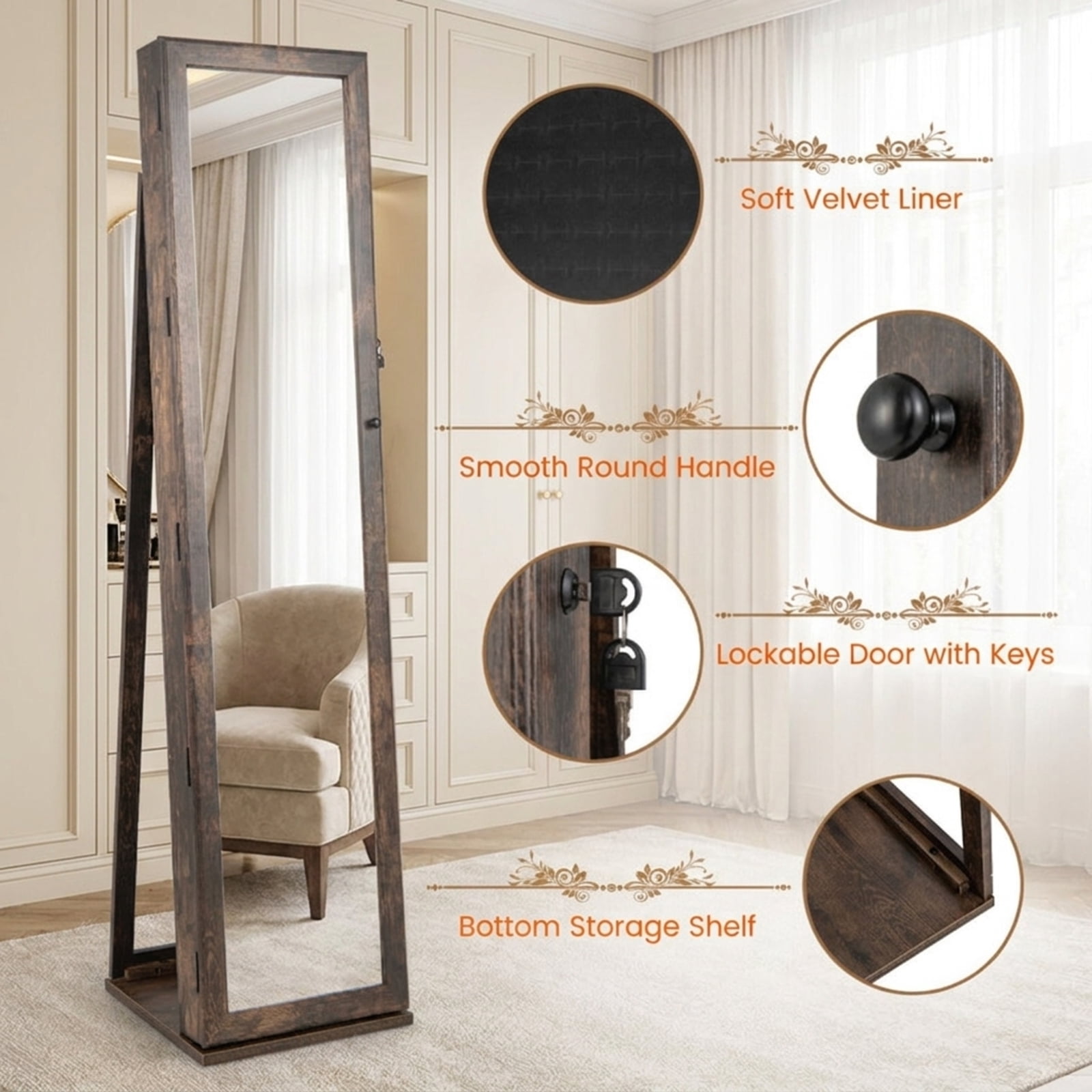 Furnibear Standing Lockable Jewelry Storage Organizer with Full-Length Mirror for Bedroom Dressing Room Jewelry Necklace Rings Storage Mirror, Brown