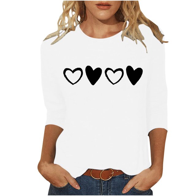 Plebaso Chemises à Manches 3/4 pour Femmes Mignonnes avec Cœur Hauts Amples Décontractés Blouses à Col Rond T-Shirts Imprimés