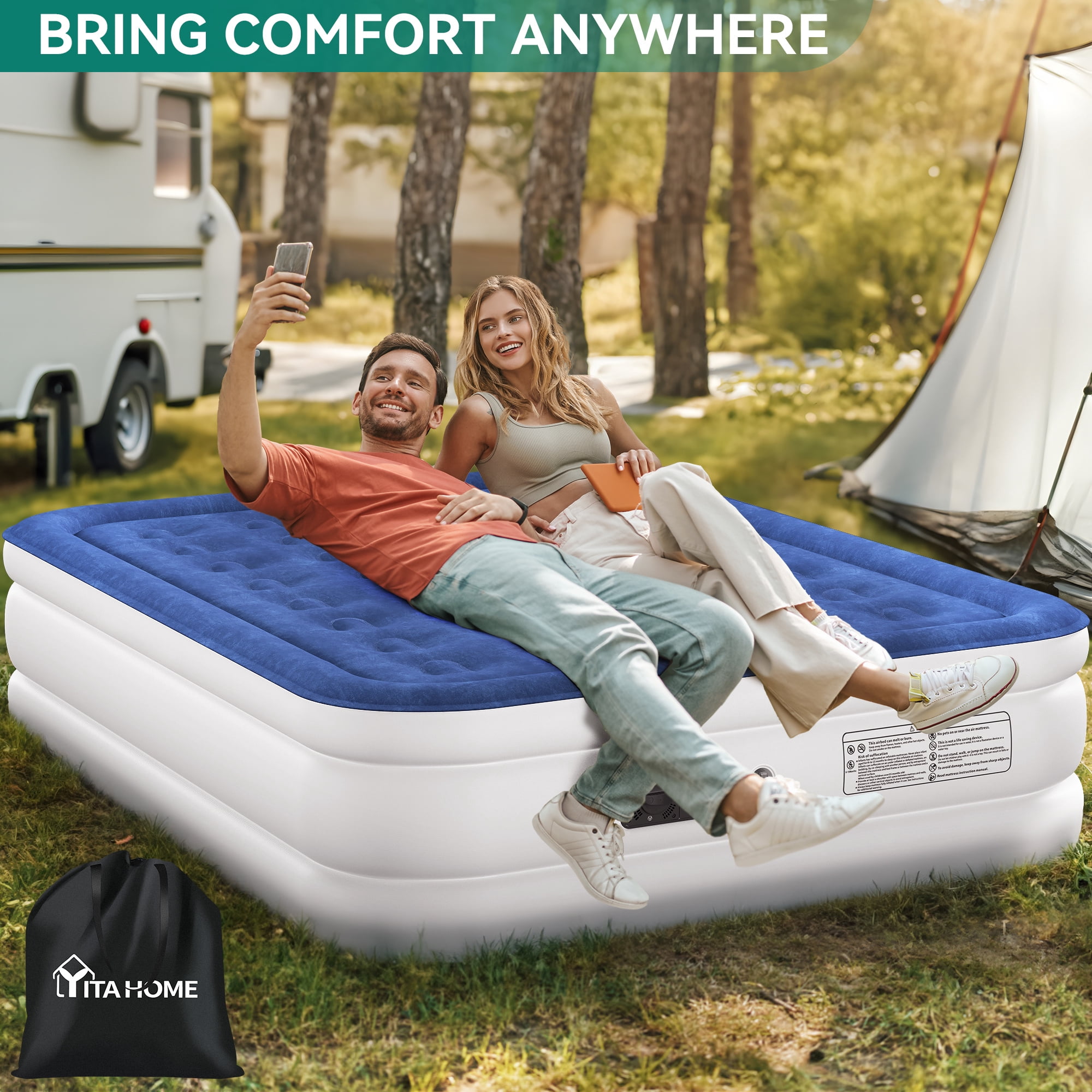 Uforic Queen Size Air Mattress with Integrated Pump, 18" Foldable Air Bed with Travel Bag, Luxury Raised Inflatable Mattresses, Ideal for Home, Travel & Camping  (Blue)