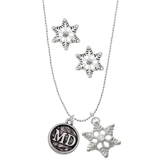 Delight Jewelry Silvertone Doctor Caduceus Seal - MD Silver tone Snowflake Charm Necklace and Stud Earrings