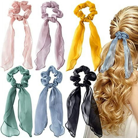 Bow Hair Scrunchies 6pcs, Elastic Hair Scarf Rope Tie, Satin Silk Ponytail Holder Non Slip Hair Bands, Vintage Hair Accessories for Women Girls