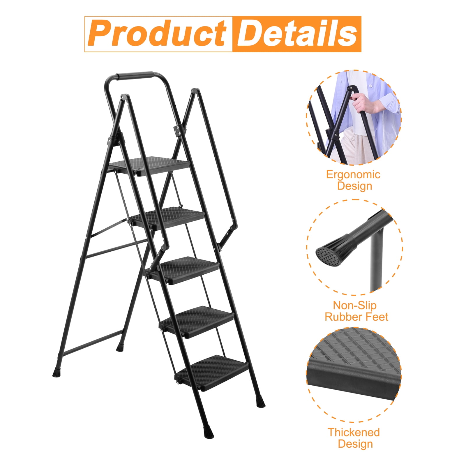 5-Step Folding Ladder Stool, 330 LBS Lightweight Steel Step Ladder, Wide Non-Slip Pedals with Sponge Safety Handle, Portable Foldable Ladder for Home Kitchen Office