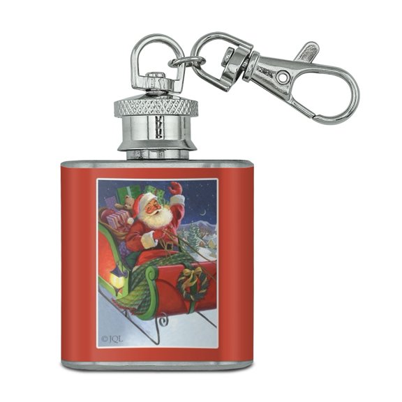 Christmas Holiday Santa Merry Sleigh Ride Stainless Steel 1oz Mini Flask Key Chain