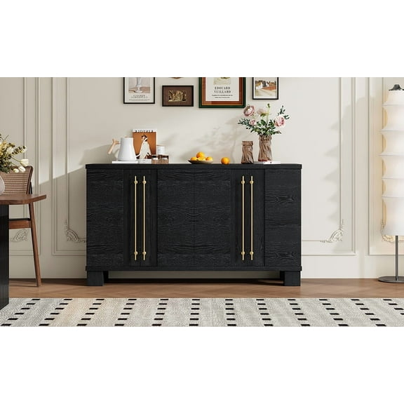 Modern Black Sideboard Cabinet with Gold Metal Handles and 4 Doors, Buffet Storage Console