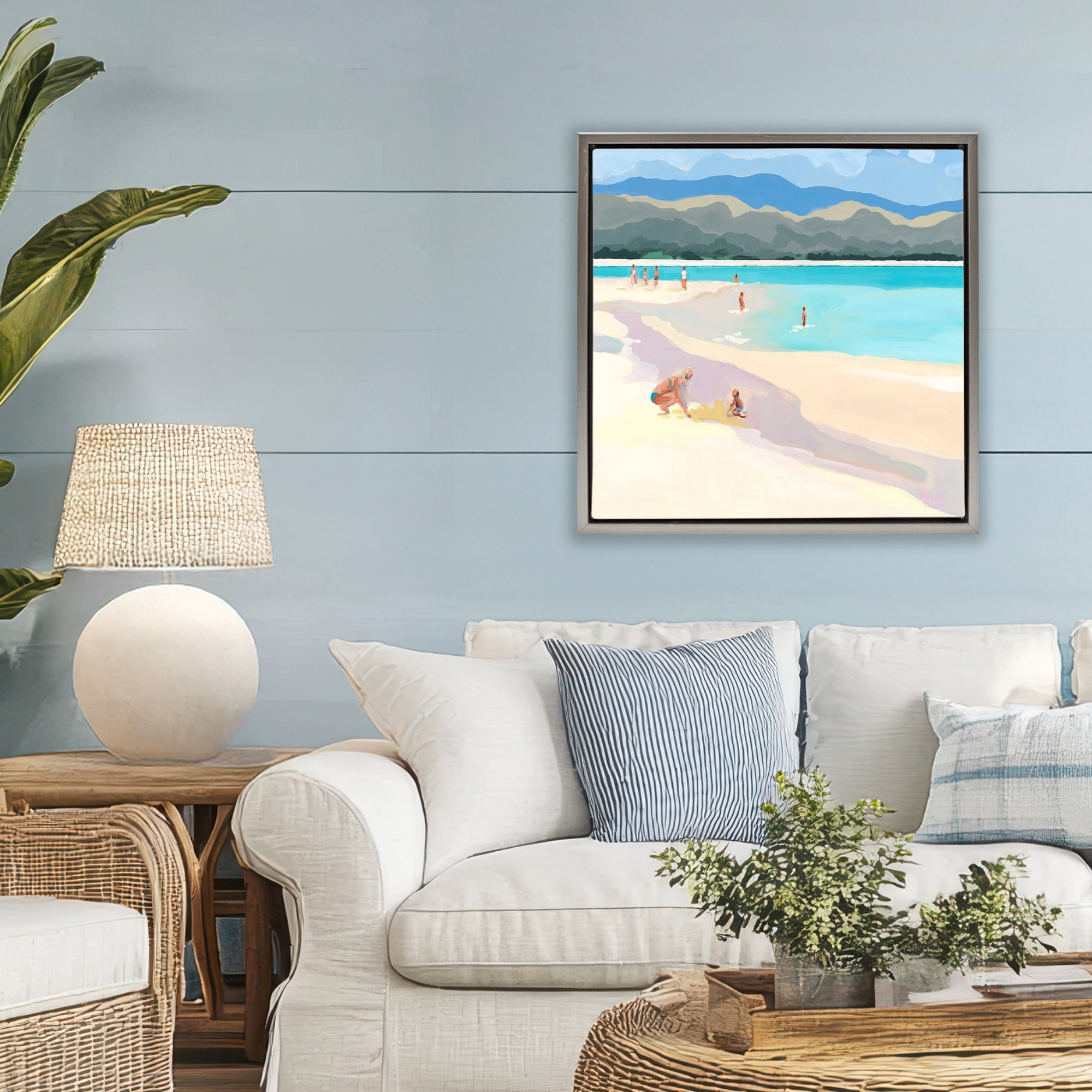 Stupell Industries Mother & Child Beach Scene Gray Framed Floater Canvas Wall Art, design by Meredith Howse