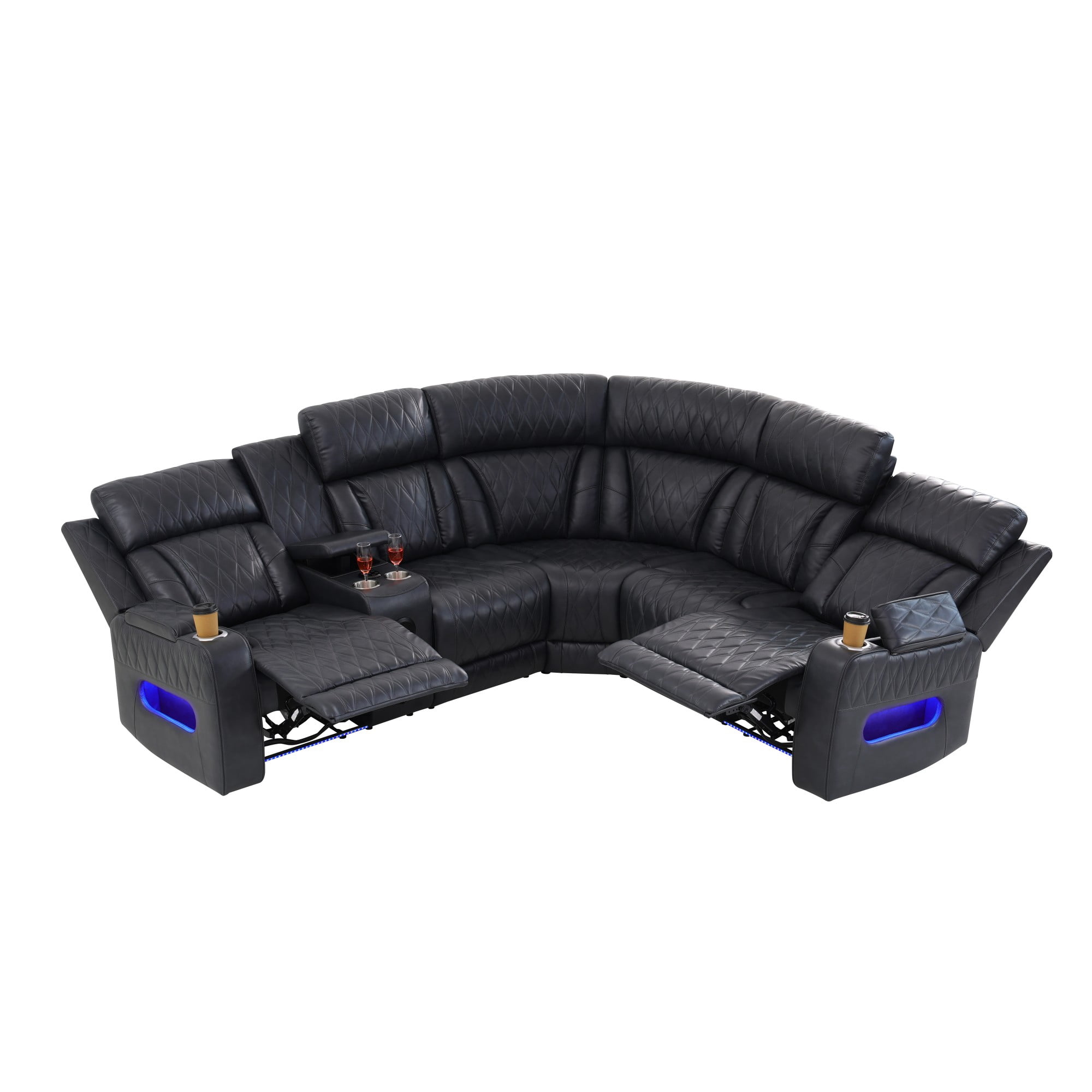 Gewnee Power Reclining Sectional Sofa, Air Leather, Adjustable Recline, USB & Type‑C Charging, Bluetooth Speaker, Cup Holders & Storage, Comfort Couch for Living Room Home Theater, Blackish Gray