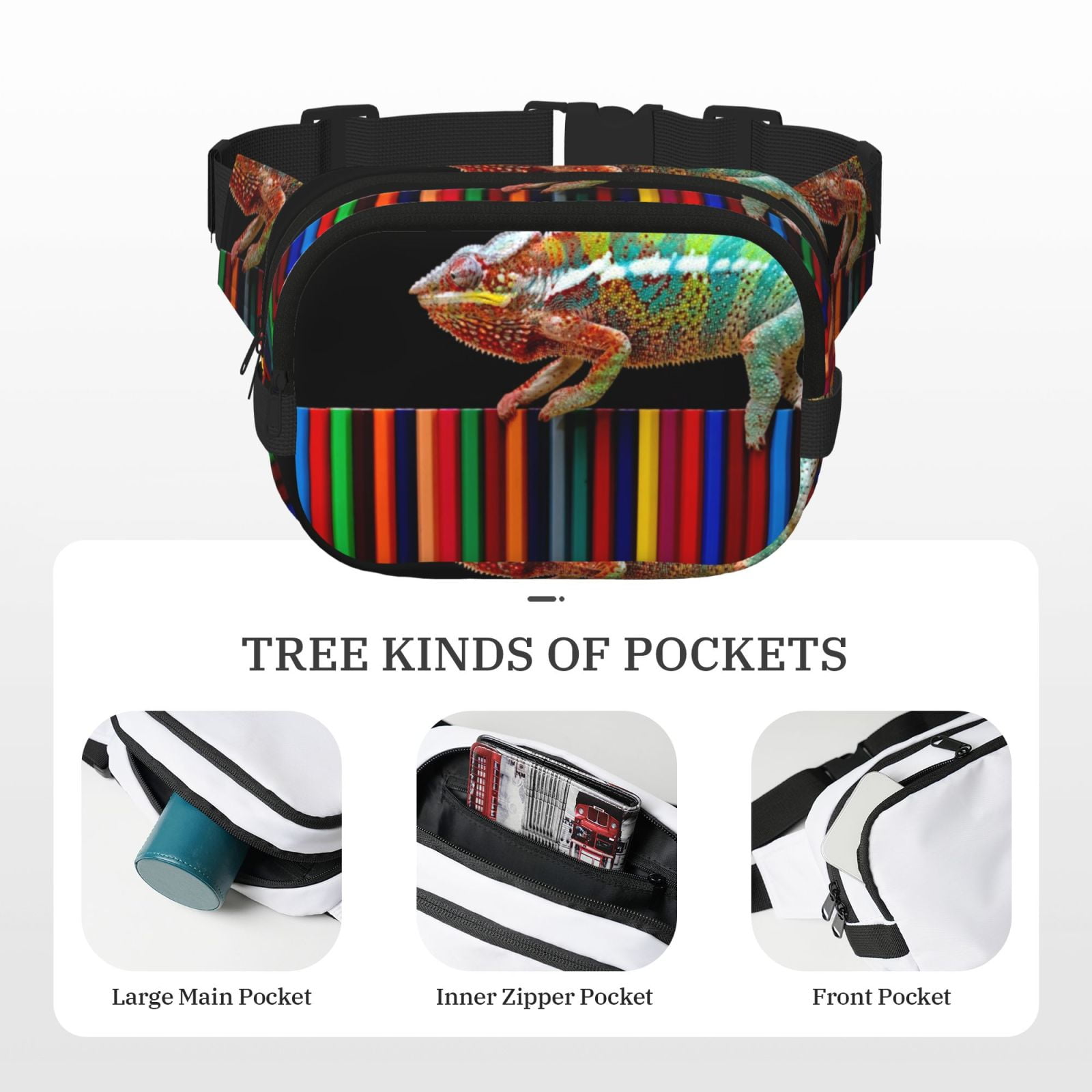 Picia Chameleon Panther On Colored Pencils Print Square Double-Layer Waist Bag Mini Adjustable Waist Belt Bag Exercise Running Travel Hiking