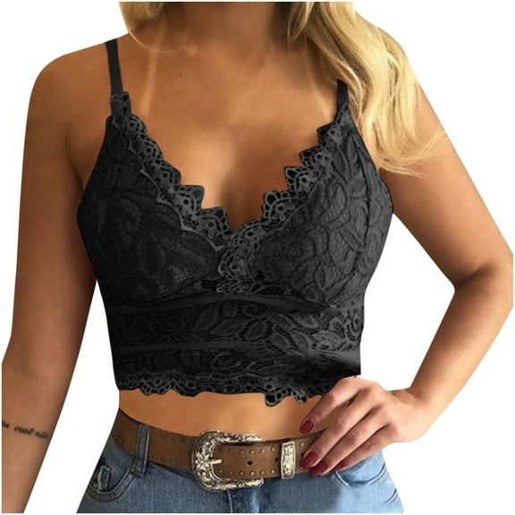 WREESH Womens Lace Corset Tops Bralette Vest Crop Wireless Bra Lingerie V-Neck Lace Underwear Camisole Black