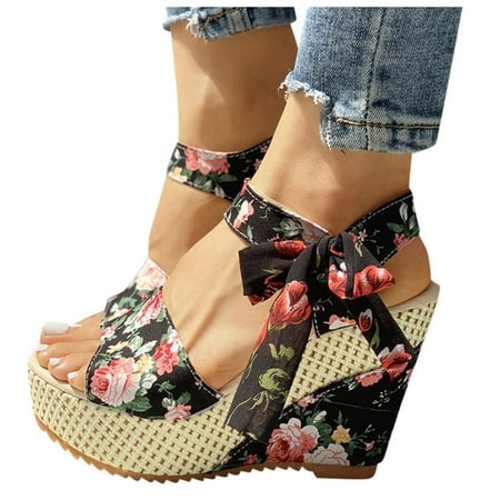 

A1 new home gifts for home Women s Ladies Platform Wedges Heel Sandals Floral Flower Lace-up Shoes Footwear Cotton Fabric Black