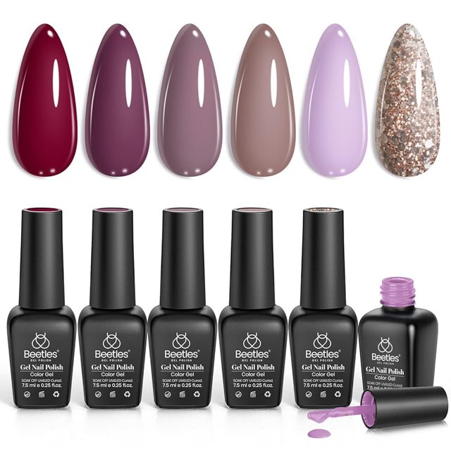 Set de esmaltes de uñas en gel Beetles Purple, 6 colores, para mujer