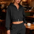 thumbnail image 2 of Cropped Hoodies for Women Casual Long Sleeve Loose Fit Full Zip Sweatshirts Basic Lightweight Tops Athletic Gym Outdoor (L, Black), 2 of 8
