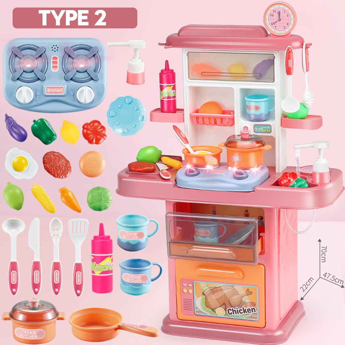 Compact size Kids toy Play Kitchen with 30 Piece Accessory Complete Play Set 