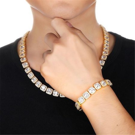 Fashion Men/Women Hip Hop Miami Cuban Chain Four Sided Rhinestone Necklace/Bracelet Set Fashionable High Quality Personalized Jewelry Gift