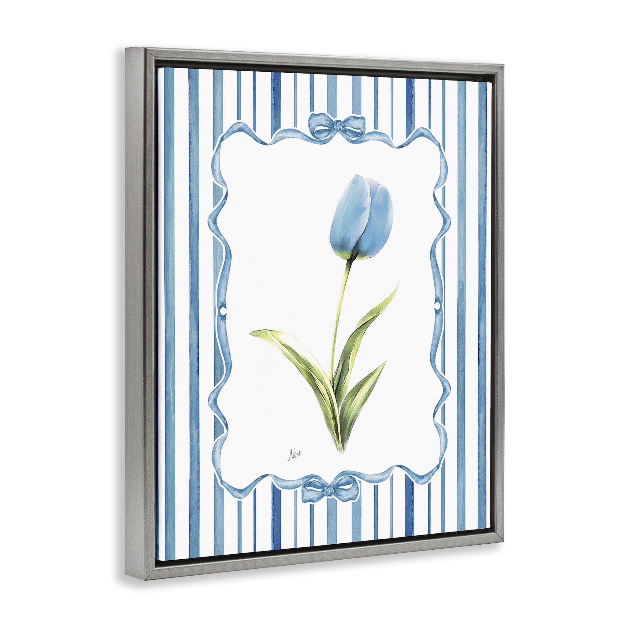 Stupell Industries Blue Tulip & Ribbon Border Gray Framed Floater Canvas Wall Art, design by Nan