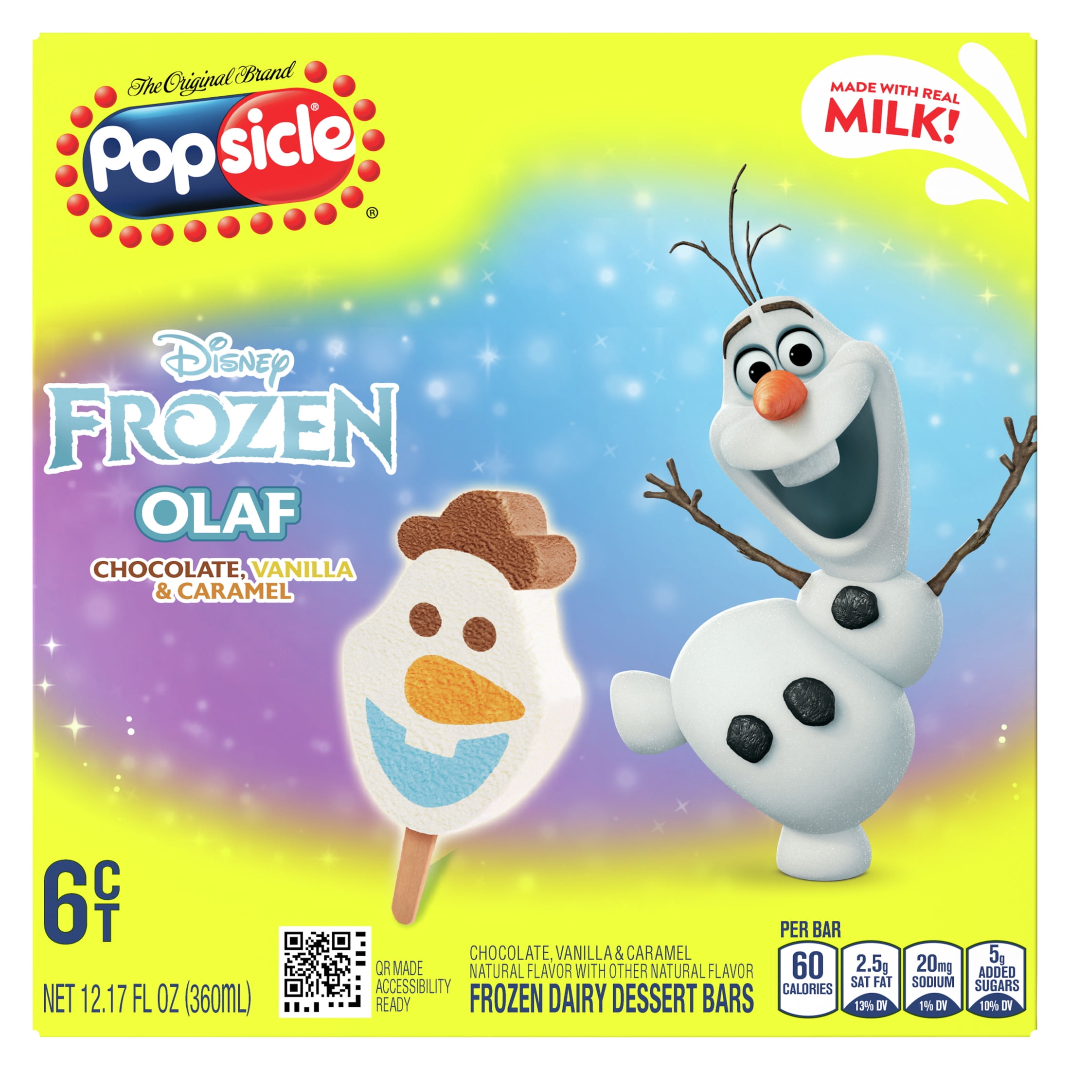 Popsicle Disney Frozen Olaf Colors from Natural Sources Chocolate Vanilla Caramel Ice Cream Bars, 6 Count