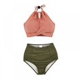 thumbnail image 2 of Women Sexy Bikini Set Solid Color Simple High Waist Halter Cross Strap Bandage Split Bikini Set Swimsuit, 2 of 11