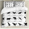 Dinosaur Queen Size Duvet Cover Set, Collection of Different Dinosaurs Silhouettes with Their Names Evolution Wildlife, Decorative 3 Piece Bedding Set with 2 Pillow Shams, Black White, by Ambesonne