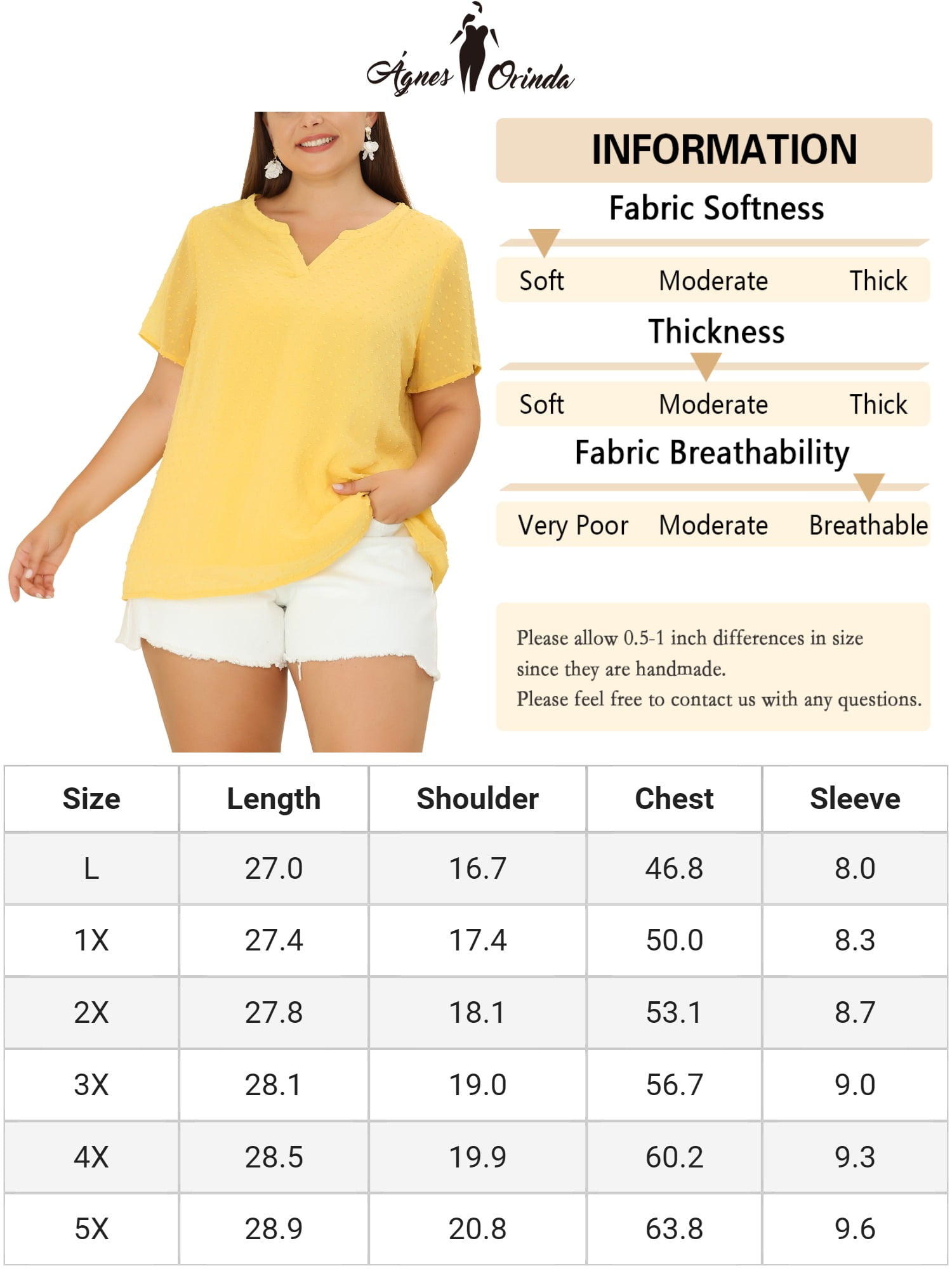 Unique Bargains Women's Plus Size Outfits Fashion Solid Pin Dots V Neck Top 3X Yellow