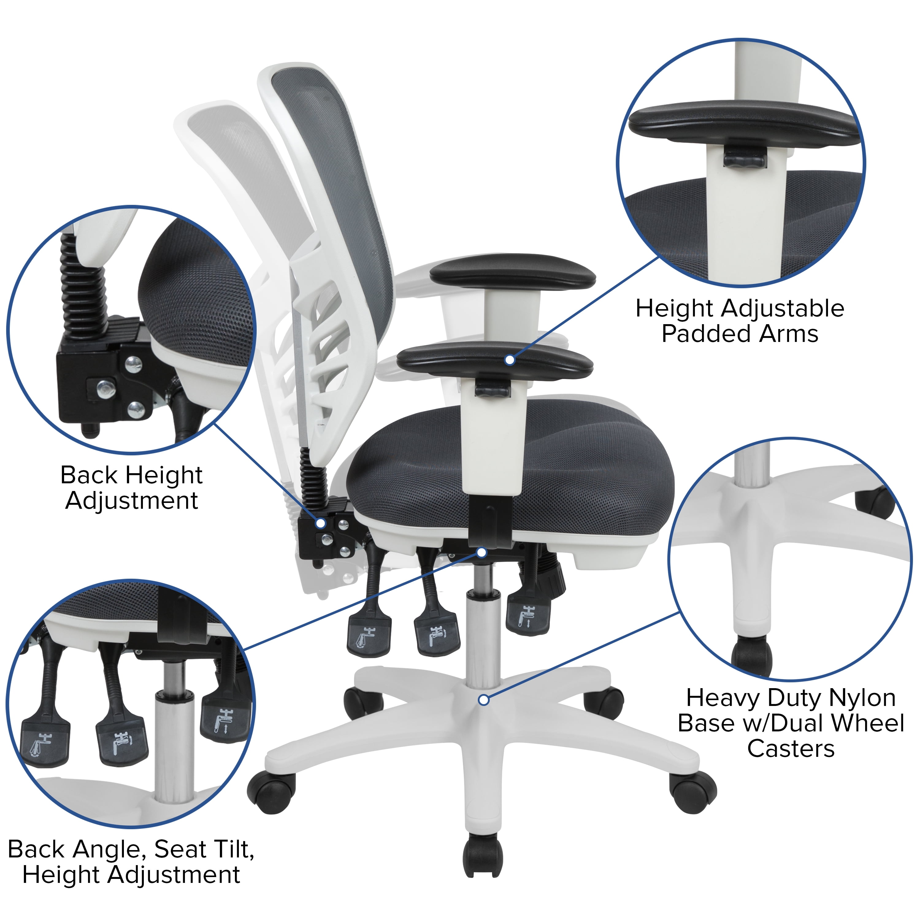 Emma + Oliver Mid-Back Dark Gray Mesh/White FrameMultifunction Ergonomic Office Chair w/ Arms
