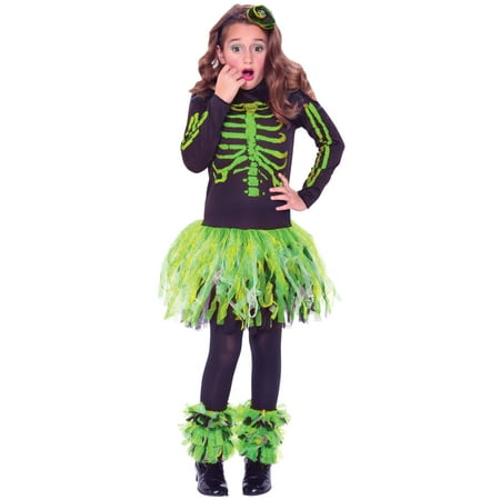 Living Fiction Punk Rockin Skeletude Skeleton 3pc Girl Costume, Green Black