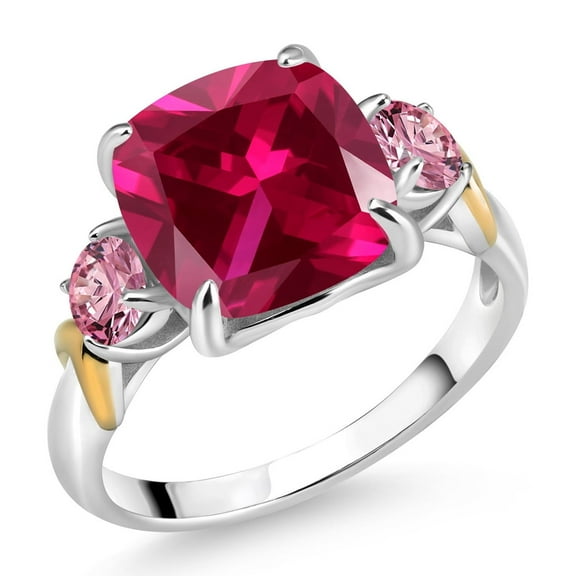 Gem Stone King 925 Silver and 10K Yellow Gold Red Created Ruby and Pink Lab Grown Diamond 3 Stone Ring for Women (5.50 Cttw, Gemstone July Birthstone, Cushion 10MM, Round 4MM, Size 7)