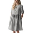 thumbnail image 1 of Robe d'Été pour Femmes en Coton et Lin Uni à Manches Courtes, Boutonnée, Col Ras du Cou, Robe Décontractée Plissée, Ample et Fluide, Robe de Plage avec Poches, 1 of 7