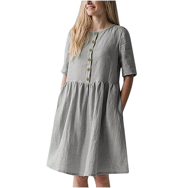 Robe d'Été pour Femmes en Coton et Lin Uni à Manches Courtes, Boutonnée, Col Ras du Cou, Robe Décontractée Plissée, Ample et Fluide, Robe de Plage avec Poches