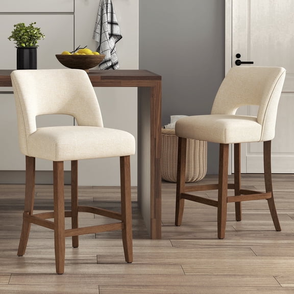 Vknow Furniture Bar Stools Set of 2, 26" Upholstered Counter Height Bar Stools, Modern Counter Stools with Wood Legs for Kitchen Island Dining Room Bar,Beige