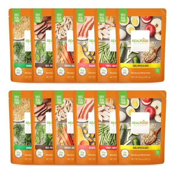 Real Food Blends Variety Pack - Pureed Food Meals for Tube Feeding with Protein, Vegetables & Fruits - 320–340 Calories Per Pouch for Lunch & Dinner - 9.4 oz (Pack of 12)