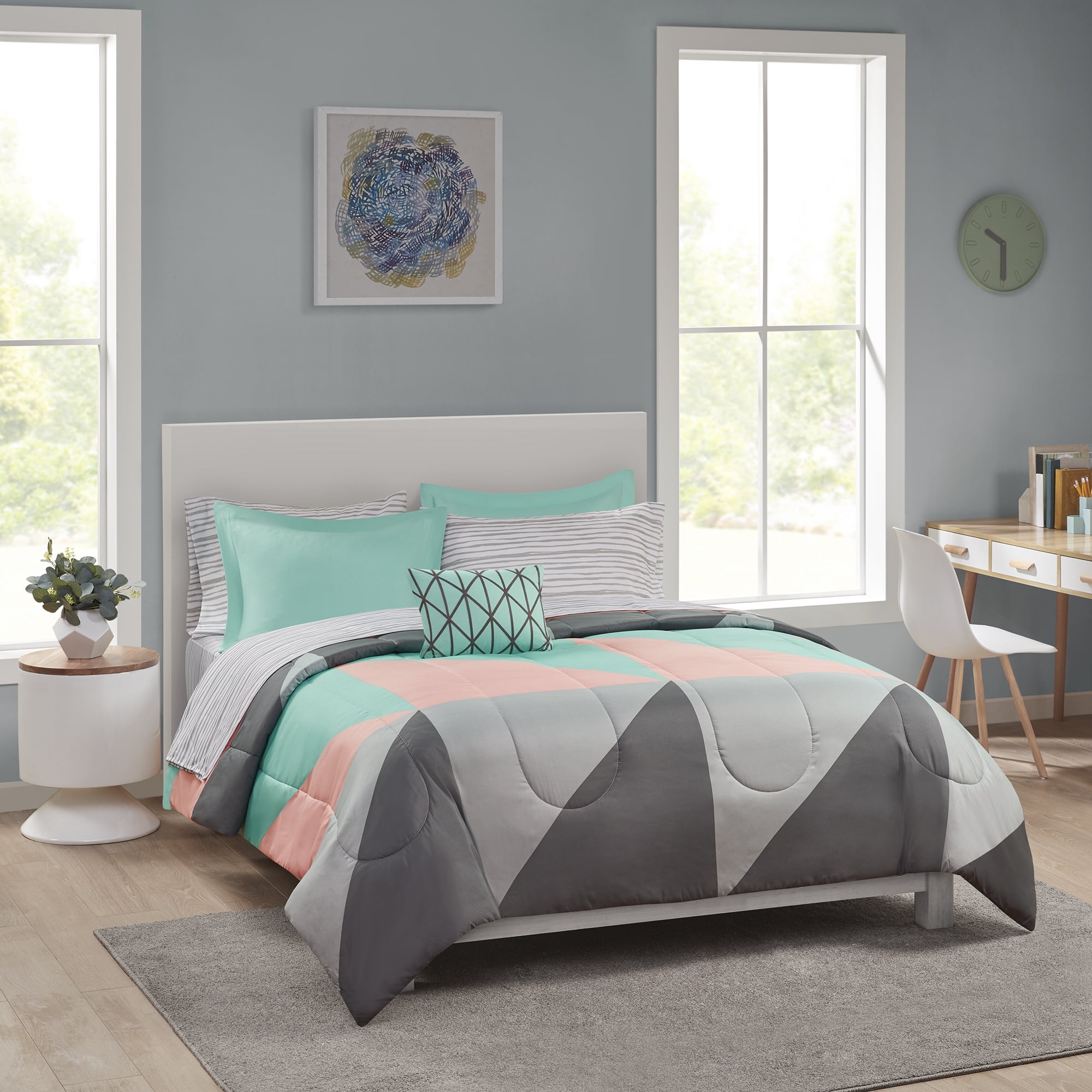 New grey and teal bedroom Mainstays Grey Teal 8 Pc Bed In A Bag Bedding Set With Sheet Queen Walmart Com