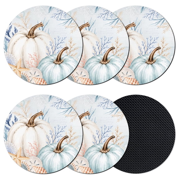 Coastal Pumpkins Fall Coasters Set of 6, Absorbent Coasters for Drinks, Thanksgiving Pumpkin Seaside Coaster for Desk Coffee Table Protection, Home Decor House Warming Gifts 4"