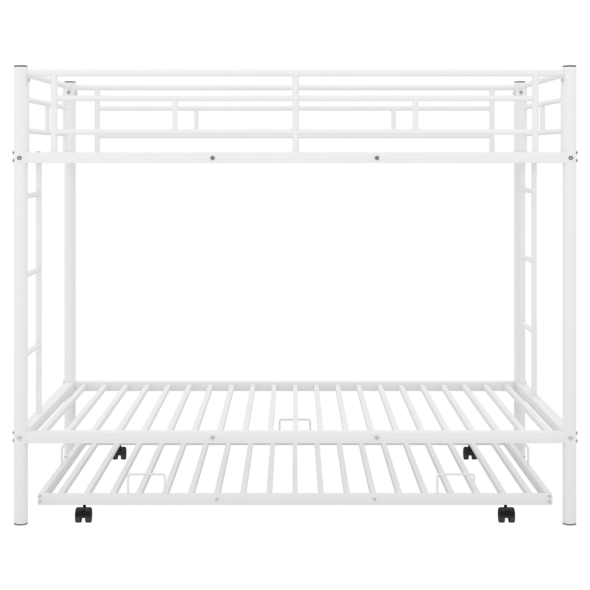 Euroco Metal Twin Bunk Bed with Trundle, 3 Beds for Kids and Teens, Solid Ladder and Safety Guardrails, White