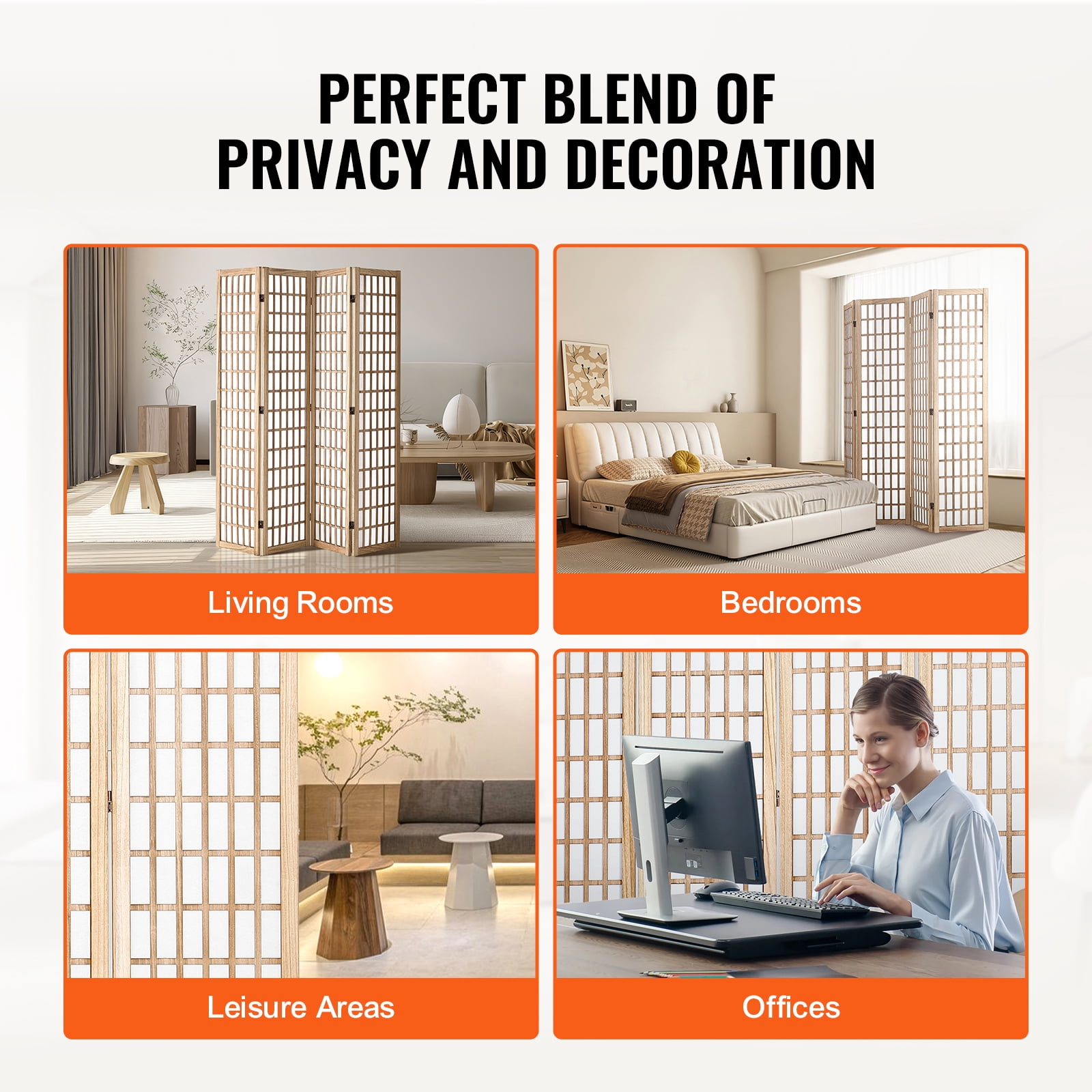 KFFKFF 4-Panel Japanese Style Room Divider, Folding Privacy Screen for Indoor Use, Portable Partition for Room Separation, Home, Office, Restaurant, and Bedroom Decoration (Natural)