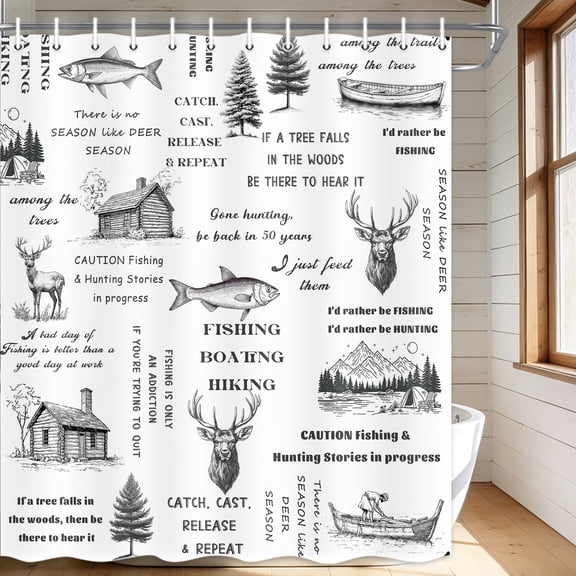 Fishing and Hunting Shower Curtain, Retro Farmhouse Cabin Country Camping Bathroom Decor,Rustic Lodge Wild Animals Fish Deer Bathtub Curtain with Hooks,69X70 in