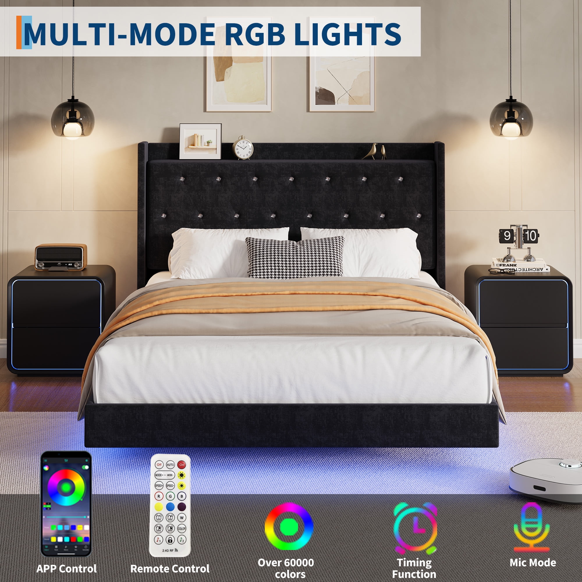 Modern Platform Bed with LED Lights & Storage - Upholstered Headboard, Noise Free, Full size