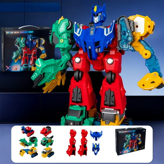 Bzdzmqm under $5 Transforming RobotToy, 6 in 1 Transforming RobotToySet, Combination Dinosaur Car to Robot Action Figure, Red Large Size DeformationToyBox Gift forBoys