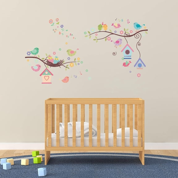 Cartoon Birds Wall Decals Lovely Birds On The Branch Wall Stickers Removable DIY Wall Decorations for Nursery Bedroom Playroom Mural