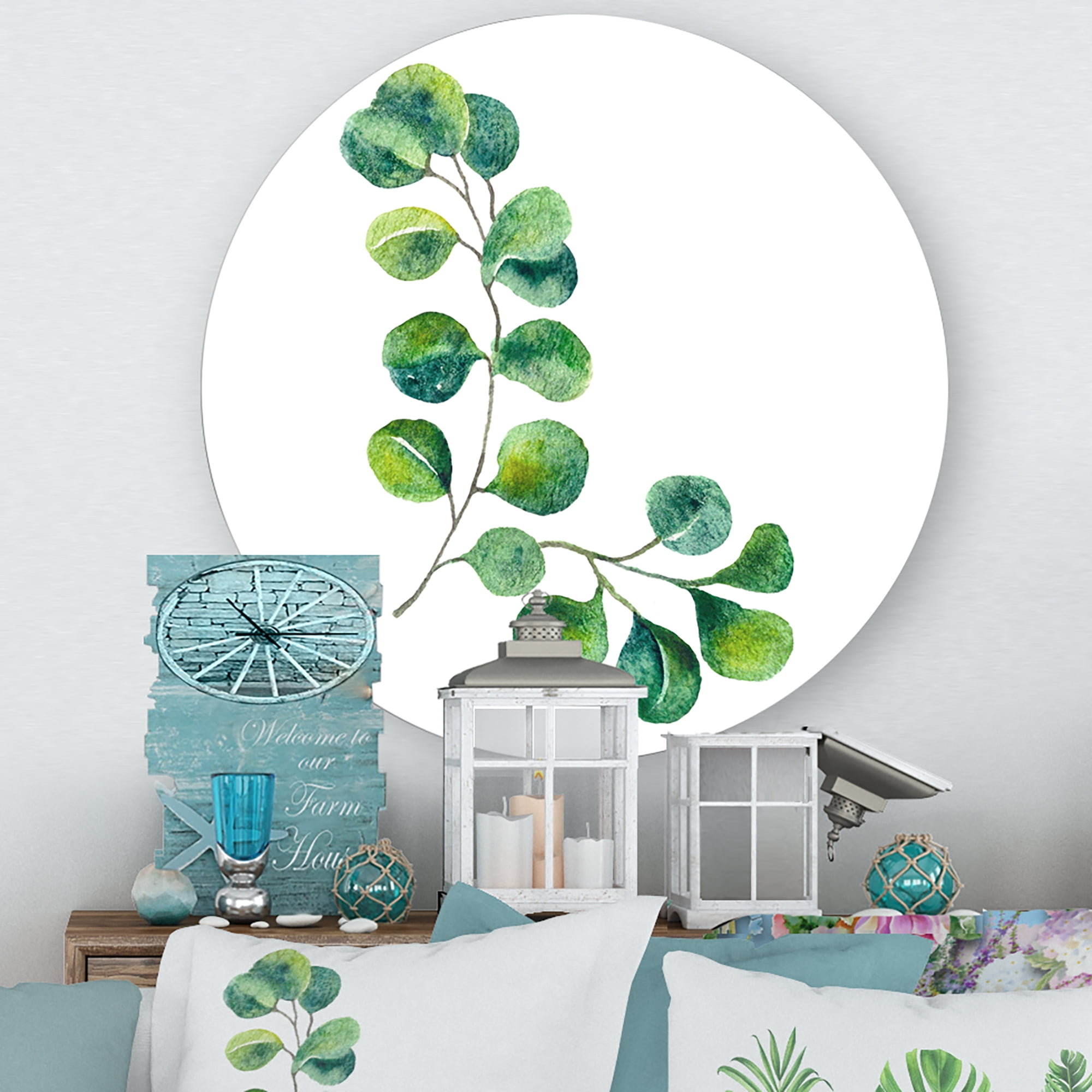 Designart 'Green Eucalyptus Plant Branches II' Traditional Circle Metal Wall Art 23x23 - Disc of 23