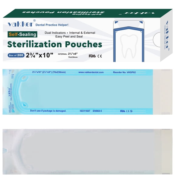 Vakker Bolsas de Esterilización Autosellantes para Uso Dental de 2,75" x 10", 200 Unidades, Bolsa Esterilizadora en Autoclave VKSP02