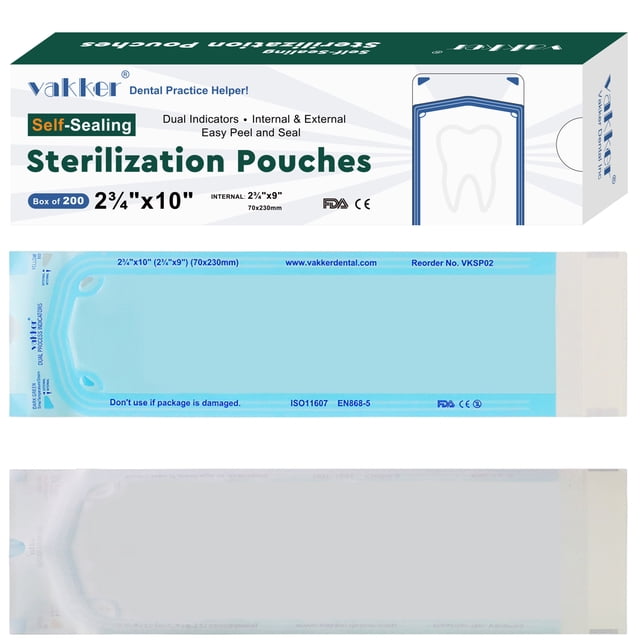 Vakker Bolsas de Esterilización Autosellantes para Uso Dental de 2,75" x 10", 200 Unidades, Bolsa Esterilizadora en Autoclave VKSP02