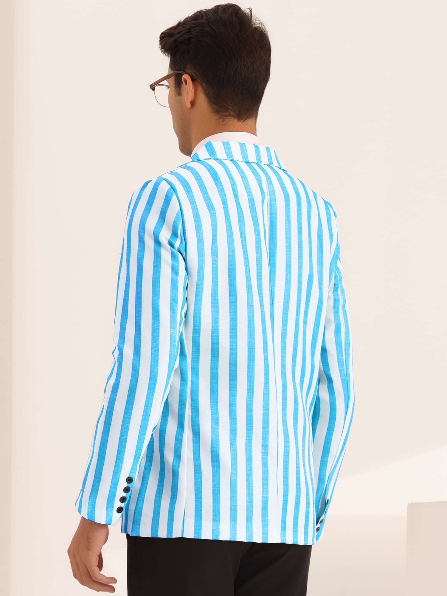 Unique Bargains Men's Sports Coat Notch Lapel Color Block Stripes Pattern Blazer M Blue
