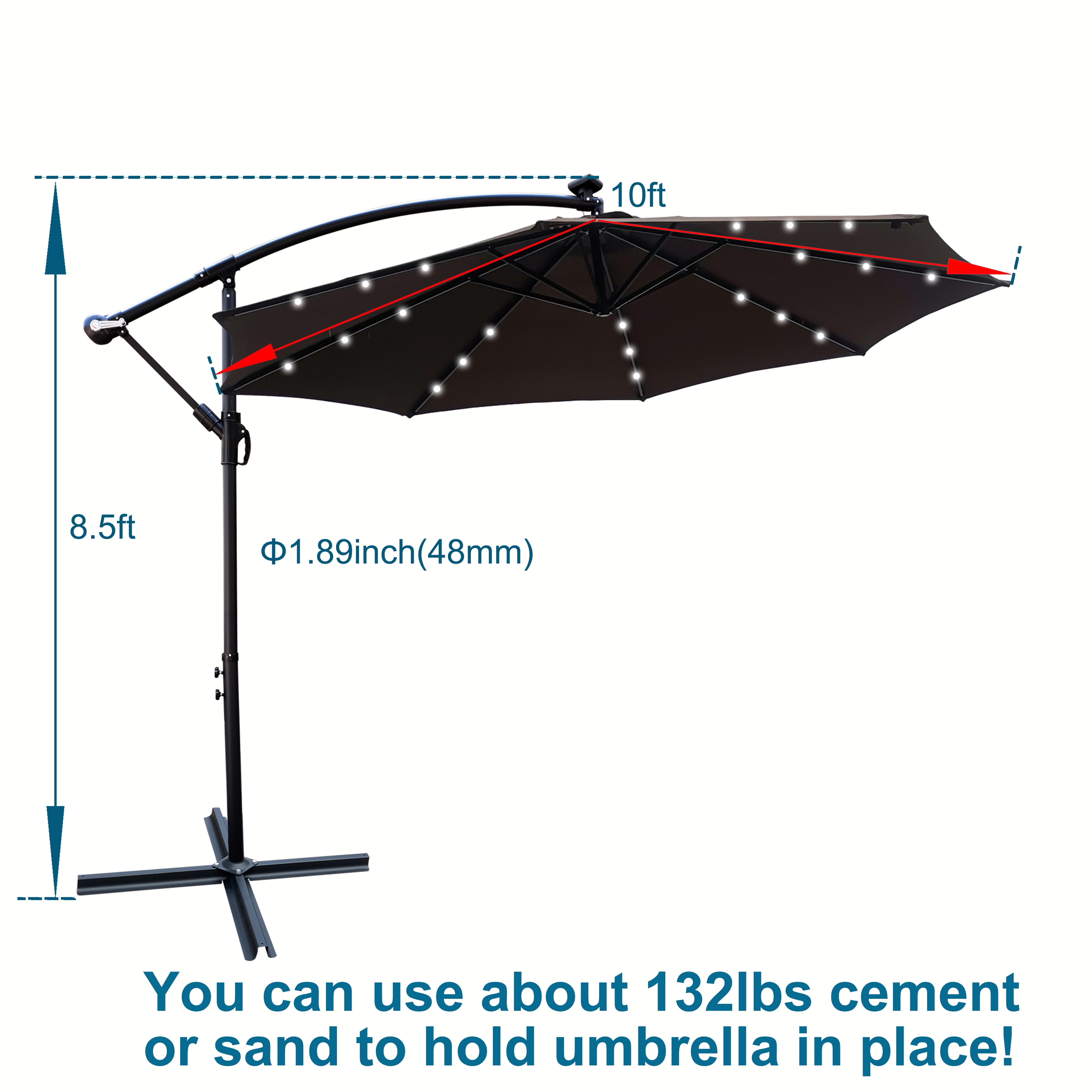 10 FT Round Outdoor Patio Umbrella, Solar LED Lighted Waterproof Sun Shade Umbrella with Stable Base, Chocolate